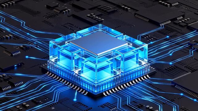 Abstract glowing circuit board with central cube