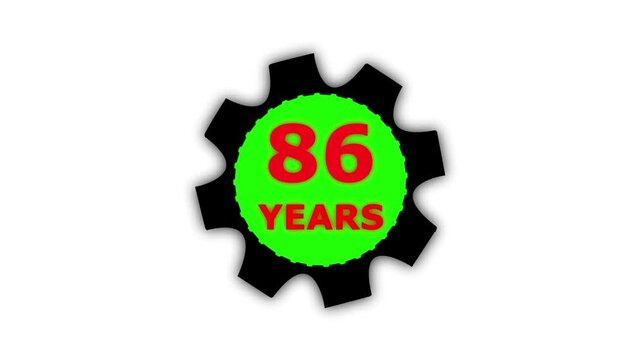 Abstract 86 years glow alphabet number in sphere. 86 years text animation effects anniversary with setting gear animation on black background.