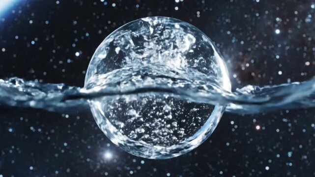 A transparent sphere filled with water, floating in space, surrounded by stars and a stream of water flowing around it, captured from a distant viewpoint
