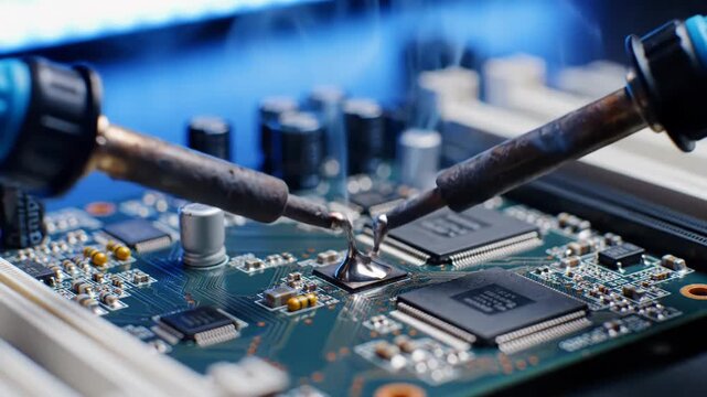 Soldering iron repairing a computer motherboard with electronic components