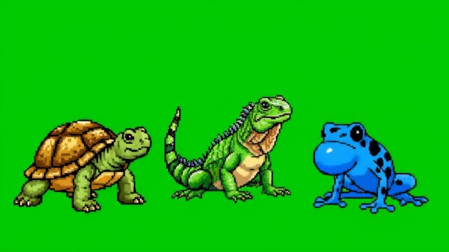Animated Pixel Art Reptiles and Amphibians Dancing on Green Screen