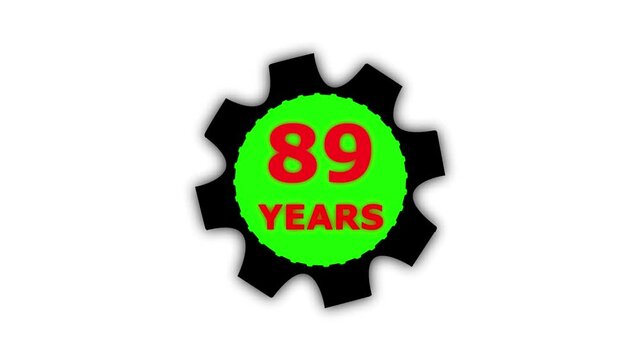 Abstract 89 years glow alphabet number in sphere. 89 years text animation effects anniversary with setting gear animation on black background.