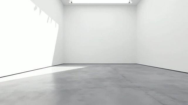 3D Modern bright gallery with blank white wall background and concrete grey floor. Mockup. 4k resolution video 30fps.
