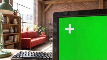 Fototapeta premium A computer screen displaying a green screen with a white plus sign in a modern living room