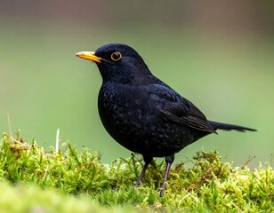 Bird portrait, perched on vibrant green moss, nature backdrop