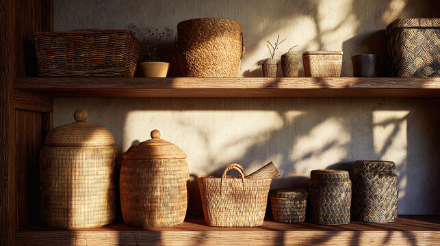 A rustic display of intricately woven baskets and containers arranged on wooden shelves, bathed in sunlight. A testament to artisanal craftsmanship and natural aesthetics.