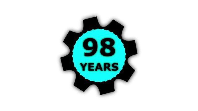 Abstract 98 years glow alphabet number in sphere. 98 years text animation effects anniversary with setting gear animation on black background.