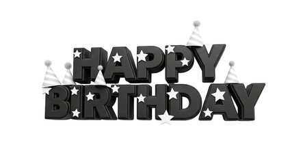 3D Happy Birthday Text with Party Hats and Stars
