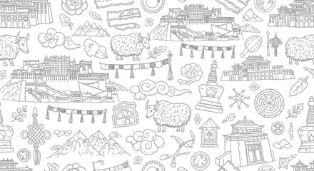 Cultural Patterns, Tibetan Symbols, Illustrative Design, Graphic Art, White Background