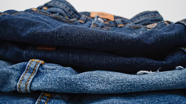 Dynamic Zoom on Stacked Denim Jeans - Exploring Fabric Texture, Shades, and Fashion Details.