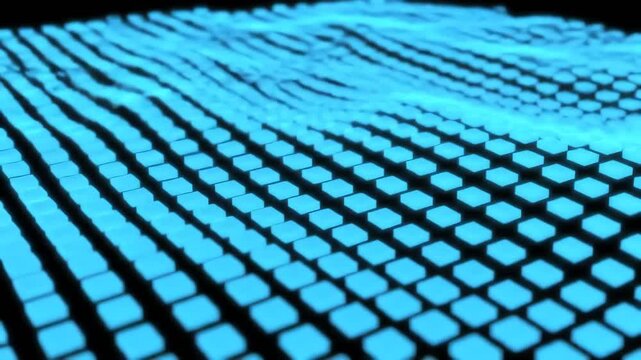 Abstract digital landscape of flowing, undulating cubes in vibrant cyan against a black background, evoking concepts of data, technology, and futuristic artistic expression, suitable for bac