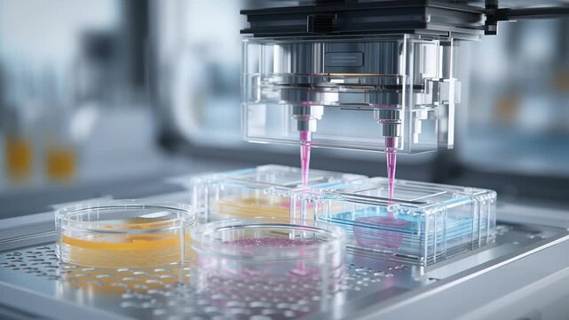 Advanced bioprinting drug testing visualization, printed tissue samples interacting with liquid compounds, minimal clinical environment, professional biotech imagery 