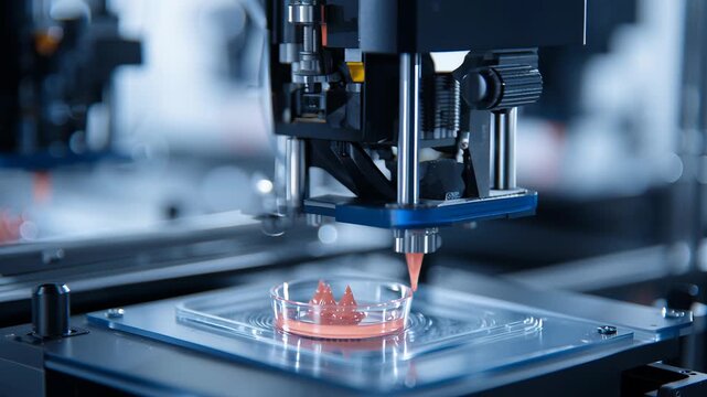 Advanced 3d bioprinting process, precise deposition of bio-material layers, minimal clinical environment, professional biotech imagery for commercial use