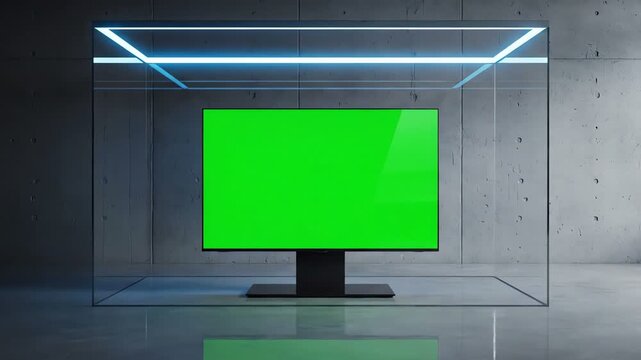 Modern minimalistic presentation or display concept A sleek, black computer monitor with a vibrant green screen enclosed in a clear, futuristic cube, illuminated by neon lights, against a ra