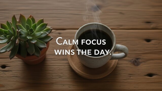Warm steaming coffee on a wooden desk beside a green plant with motivational text 'Calm focus wins the day'.