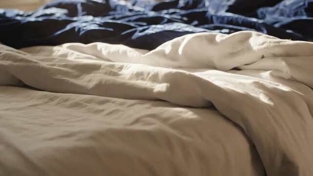 Bed with a blue comforter and white sheets. The bed is unmade and the sheets are spread out. 4k resolution video 30fps.
