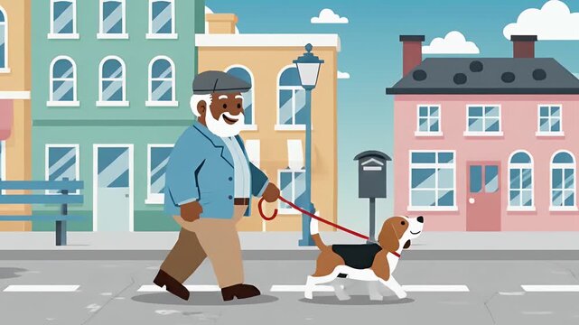 African American elderly man walks beagle dog on city street