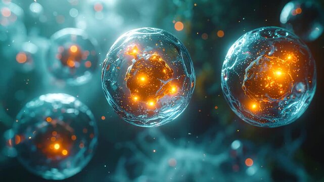 Cellular Symphony: A detailed macro shot unveils a cluster of luminous cells, their interiors glowing with a vibrant energy within a delicate, transparent structure.