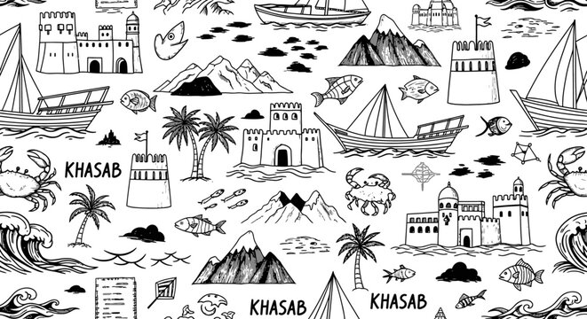 Scenic Marine Life and Architecture in a Black and White Artwork