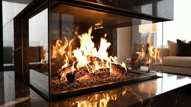 contemporary fireplace with glass screen installed. modern elegant home interior. 4k resolution video 30fps.