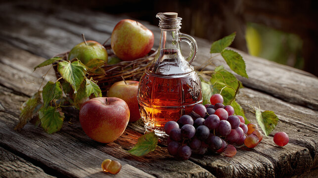 A rustic display of fruit and a bottle on a wooden surface, exuding natural charm and inviting flavors. Apples, grapes, and a bottle of essence create a visual feast