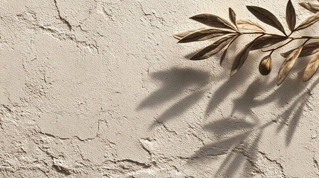 An olive branch casting a delicate shadow on a textured wall, with a blend of history and nature