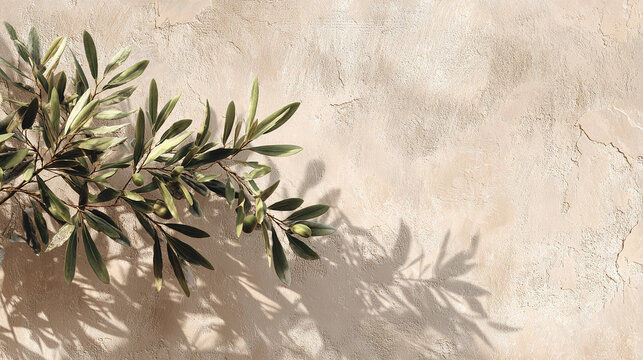 A close-up view of an olive branch with green leaves, casting shadows against a textured wall
