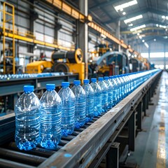 Bottled water moving down assembly line in a factory