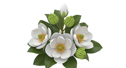 Fototapeta premium White Magnolia Flowers with Buds and Leaves