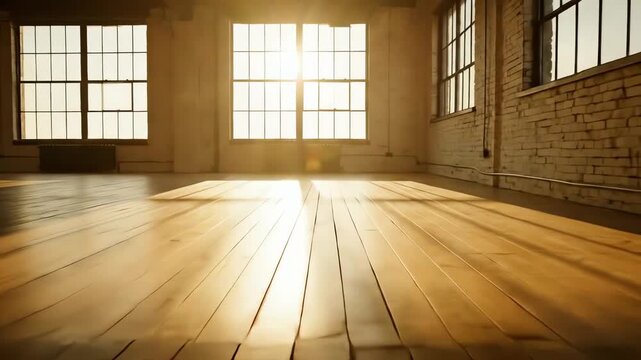 Front view of sunny empty loft interior room with wooden floor motion. 4k resolution video 30fps.