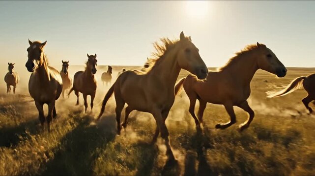 Herd of horses running freely in a vast grassland during a sunny day with a clear sky