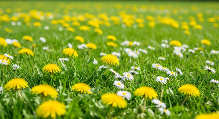 Fototapeta premium Spring Meadow with Yellow Dandelions and White Daisies in Green Grass Under Sunlight
