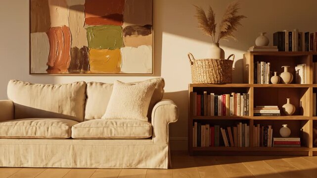 Beige couch in a room with a bookshelf and abstract painting