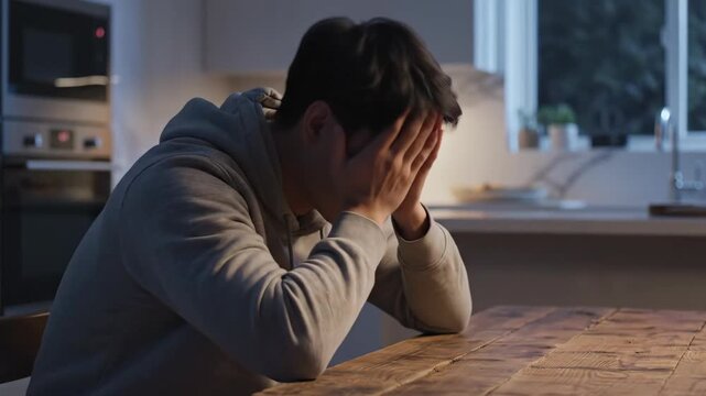 Asian man feeling stressed and depressed sitting at kitchen table at night