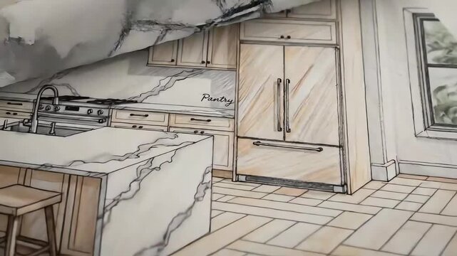 Kitchen sketch plan of what your kitchen could look like. Interior. 4k resolution video 30fps.