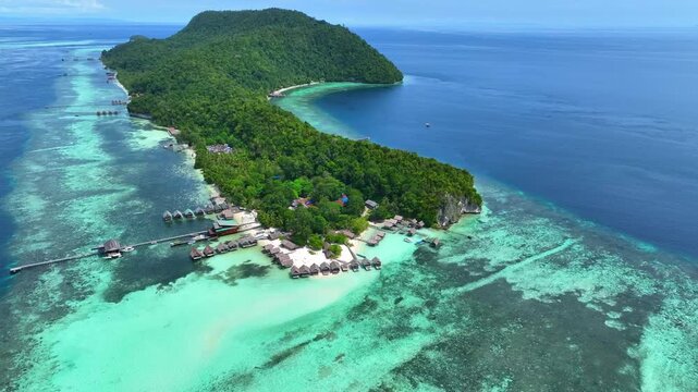Aerial Top View of a Tropical Island Paradise at Raja Ampat Islands, Indonesian archipelago, West Papua, Indonesia