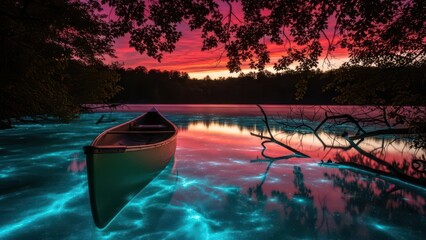 Fototapeta premium An emerald green canoe floats serenely on a vibrant lake reflecting a breathtaking sunset sky and illuminated water