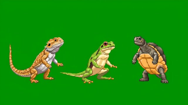 Pixel Art Animated Reptiles and Amphibians Dancing Together