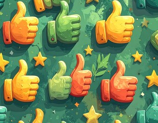 Cartoon thumbs up, stars, and leaves on a green background