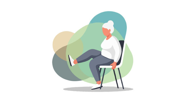 Flat illustration senior female sitting on chair lifting one leg, low impact leg exercise for diabetes seniors