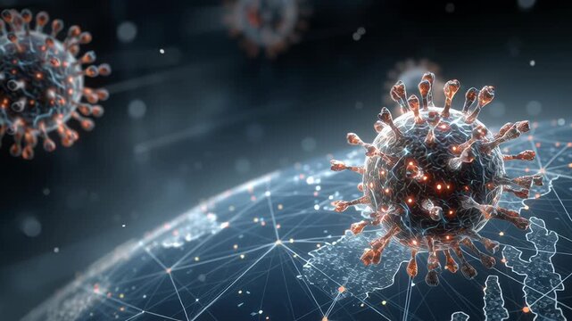 Worldwide disease risk concept art, macro virus structure hovering over interconnected global systems, subtle data lines and grids, clean professional color palette, high realism