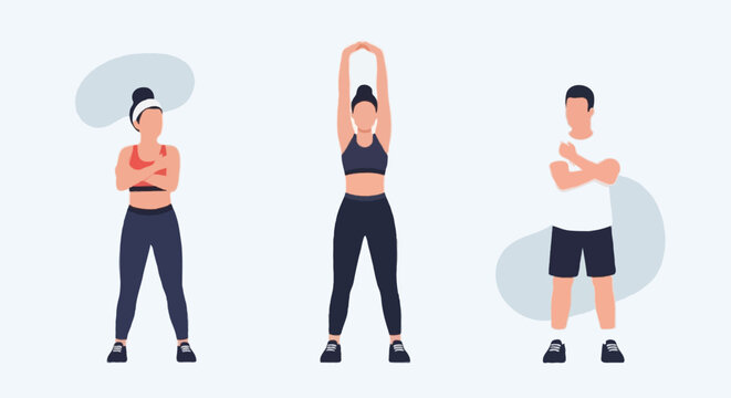 Flat illustration full body faceless female character stretching arms and legs, warm up and flexibility exercise concept
