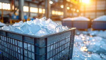 Ice Cubes in Industrial Warehouse with Natural Light at Sunset