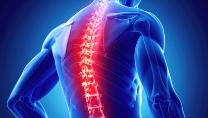 Human Spine Anatomy with Highlighted Vertebrae in Blue Background