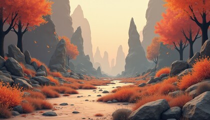Pixelated Autumn Landscape With Orange Trees Rocky Terrain And Shallow Stream During Golden Hour