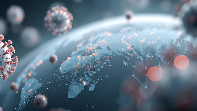 Worldwide public health emergency concept art, macro virus structures interacting with global healthcare systems, subtle data lines and emergency indicators, clean professional color palette