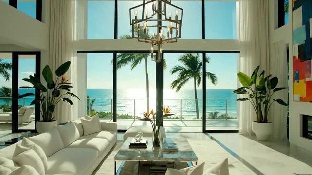 luxurious South Florida living room with ocean views, high ceilings, modern furnishings, and tropical decor accents. 4k resolution video 30fps.