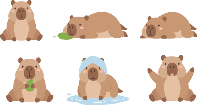 Cute Cartoon Capybara Character Set Showing Sitting Eating Swimming Relaxing And Playing In Flat Vector Illustration Style