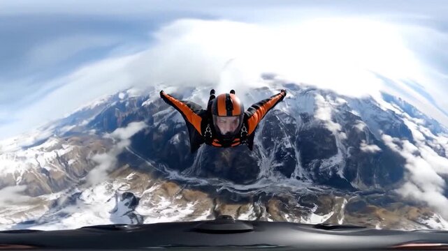 Wingsuit Flying Over Majestic Snow-Capped Mountains.