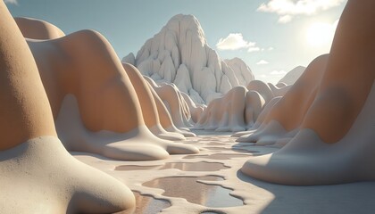 Surreal Pixelated Snowscape With Jagged Peaks Under a Bright Sunny Sky and Puddles Reflecting the Light